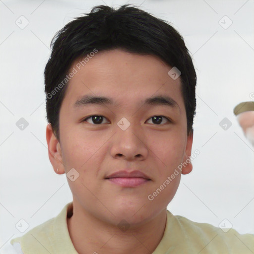 Neutral asian young-adult male with short  brown hair and brown eyes