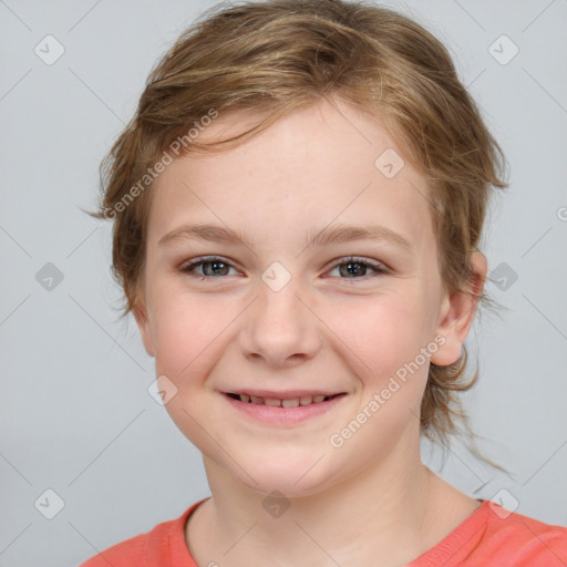 Joyful white child female with medium  brown hair and brown eyes