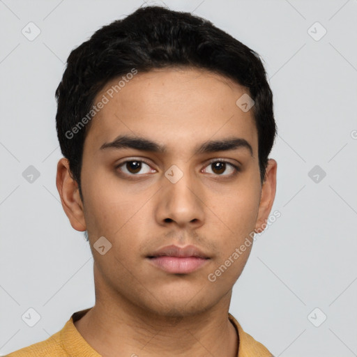 Neutral latino young-adult male with short  black hair and brown eyes