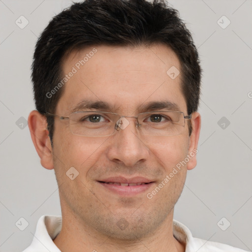 Joyful white adult male with short  brown hair and brown eyes