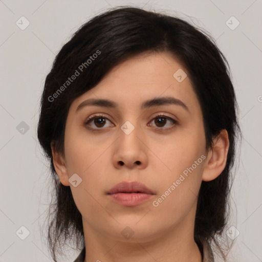 Neutral asian young-adult female with medium  brown hair and brown eyes