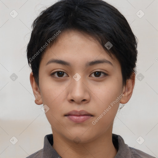 Neutral asian young-adult female with short  brown hair and brown eyes