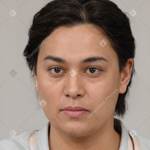 Neutral white young-adult female with medium  brown hair and brown eyes