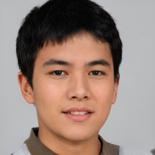 Neutral asian young-adult male with short  brown hair and brown eyes