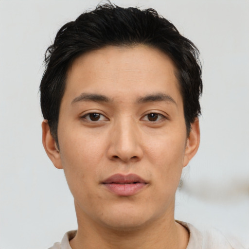 Neutral asian young-adult male with short  black hair and brown eyes