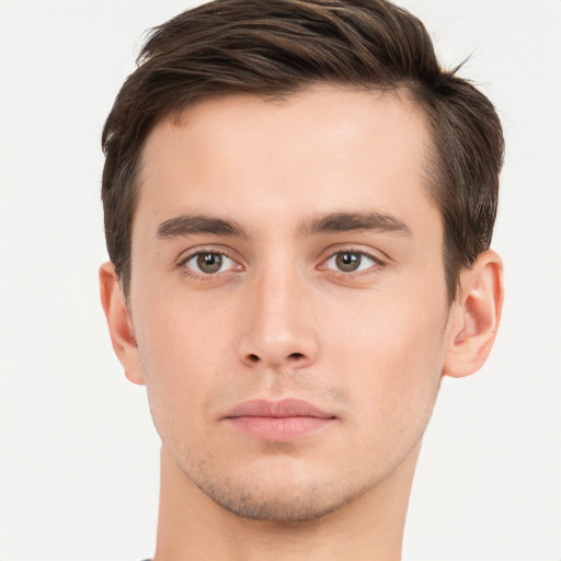 Neutral white young-adult male with short  brown hair and brown eyes