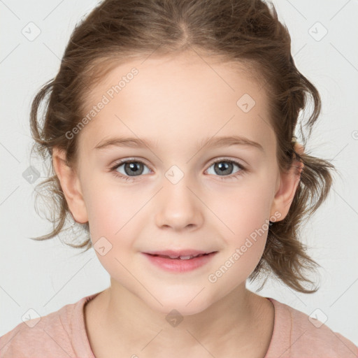 Joyful white child female with medium  brown hair and grey eyes