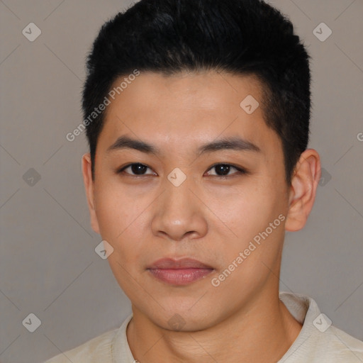 Neutral asian young-adult male with short  black hair and brown eyes