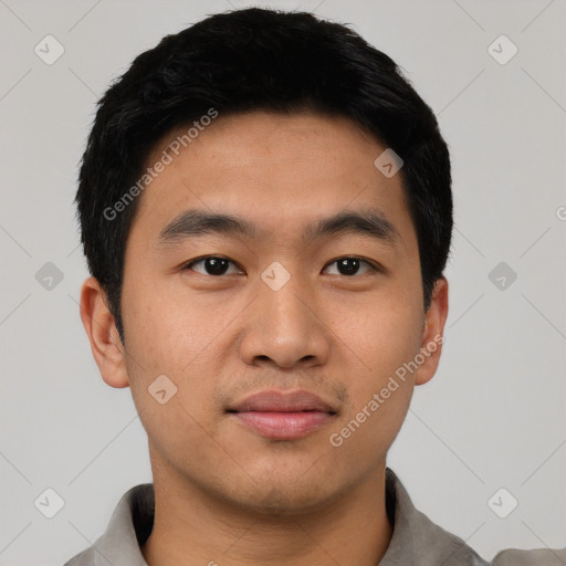 Neutral asian young-adult male with short  black hair and brown eyes