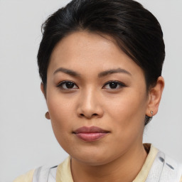 Neutral asian young-adult female with short  brown hair and brown eyes