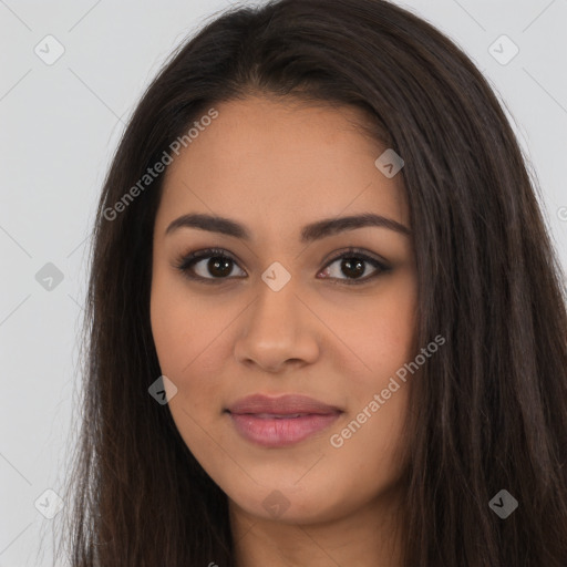 Joyful latino young-adult female with long  brown hair and brown eyes