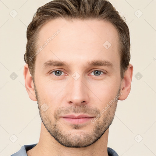 Neutral white young-adult male with short  brown hair and grey eyes