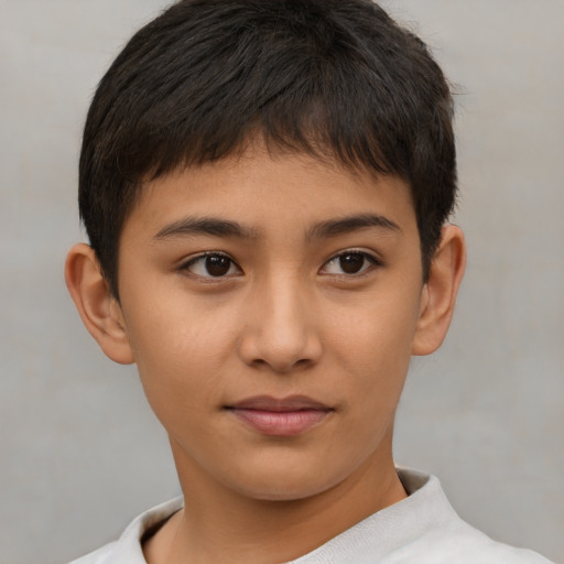 Joyful asian child female with short  brown hair and brown eyes