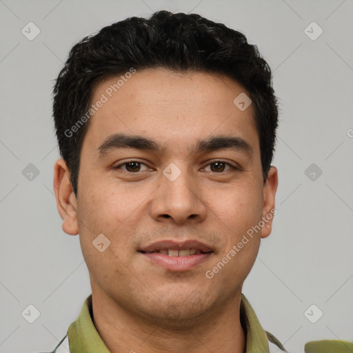 Joyful latino young-adult male with short  brown hair and brown eyes