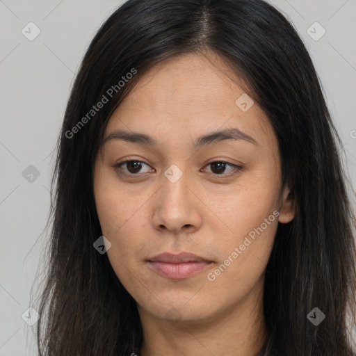 Neutral asian young-adult female with long  brown hair and brown eyes