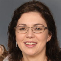 Joyful white adult female with medium  brown hair and brown eyes