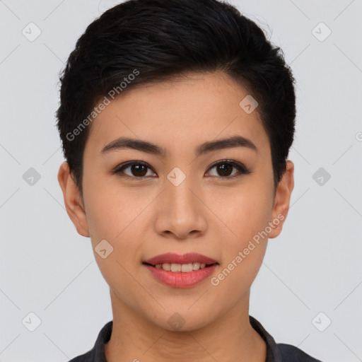 Joyful asian young-adult female with short  black hair and brown eyes