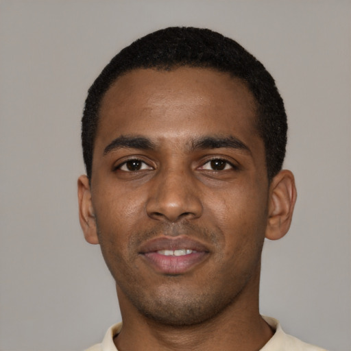 Neutral black young-adult male with short  black hair and brown eyes