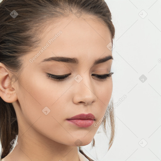 Neutral white young-adult female with medium  brown hair and brown eyes