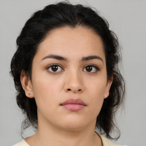 Neutral asian young-adult female with medium  brown hair and brown eyes