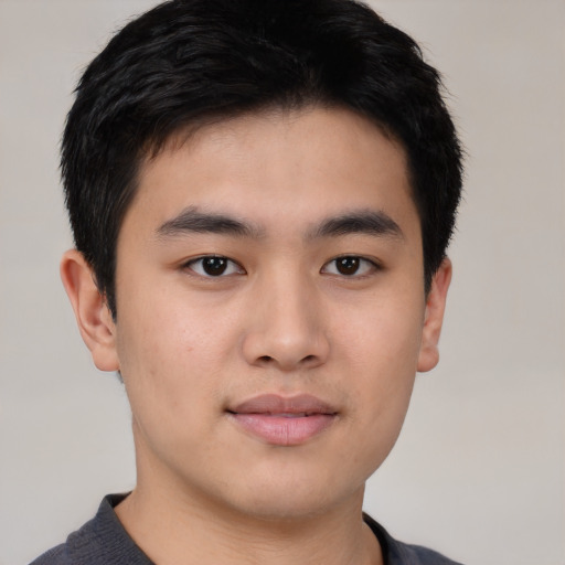 Neutral asian young-adult male with short  brown hair and brown eyes