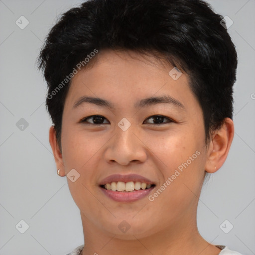 Joyful asian young-adult female with short  brown hair and brown eyes