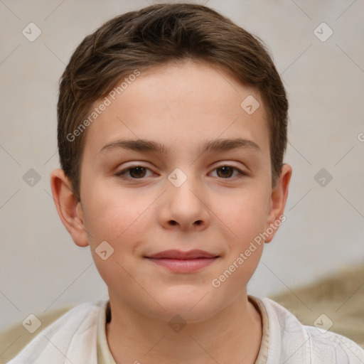 Joyful white child female with short  brown hair and brown eyes