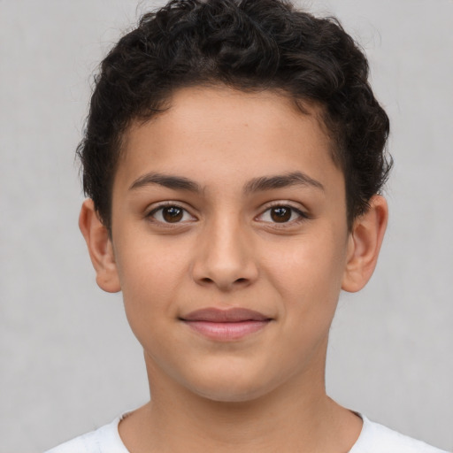 Joyful white child female with short  brown hair and brown eyes