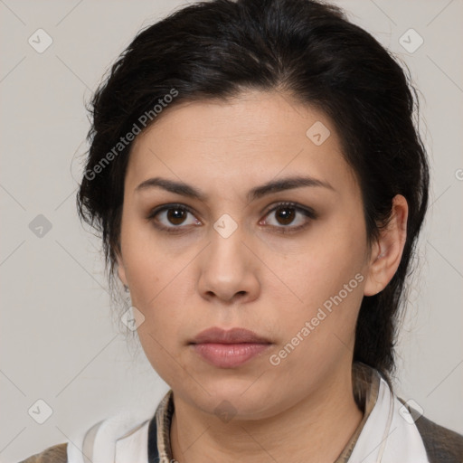 Neutral white young-adult female with medium  brown hair and brown eyes