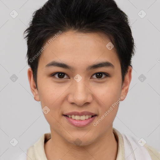 Joyful asian young-adult female with short  brown hair and brown eyes