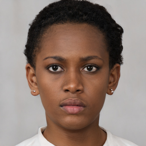 Neutral black young-adult female with short  brown hair and brown eyes