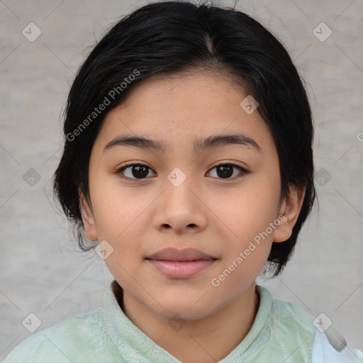 Joyful latino young-adult female with medium  black hair and brown eyes