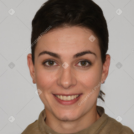 Joyful white young-adult female with short  brown hair and brown eyes