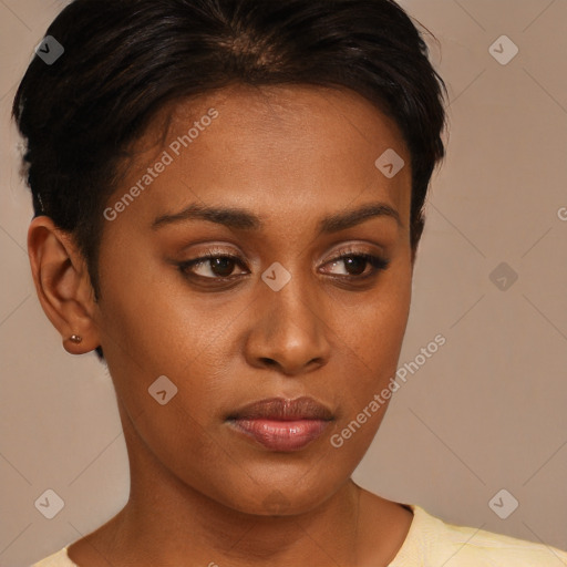 Neutral black young-adult female with short  brown hair and brown eyes