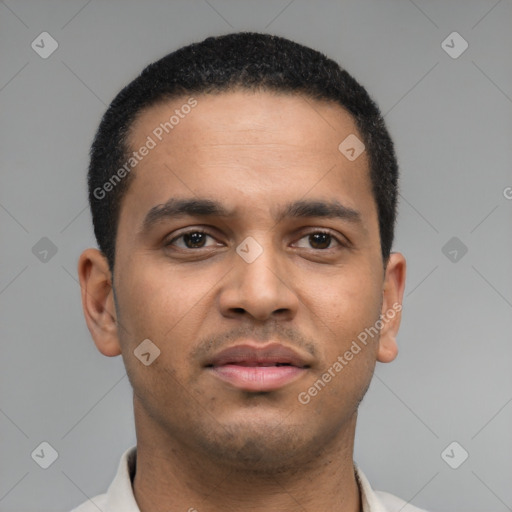 Neutral latino young-adult male with short  black hair and brown eyes
