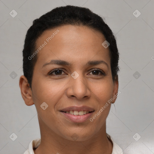 Joyful latino young-adult female with short  brown hair and brown eyes