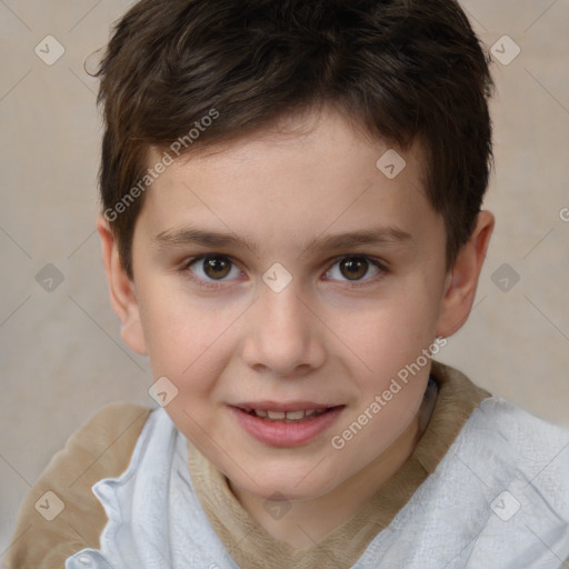 Joyful white child female with short  brown hair and brown eyes