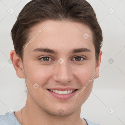 Joyful white young-adult female with short  brown hair and grey eyes