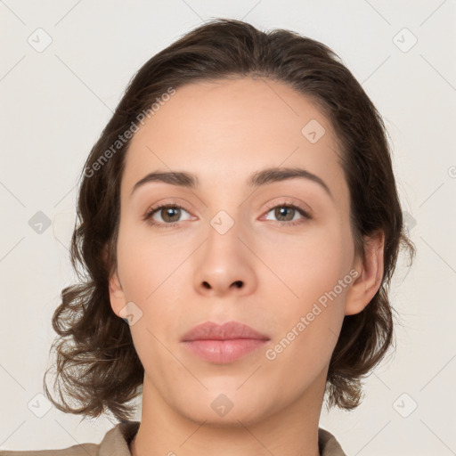 Neutral white young-adult female with medium  brown hair and brown eyes