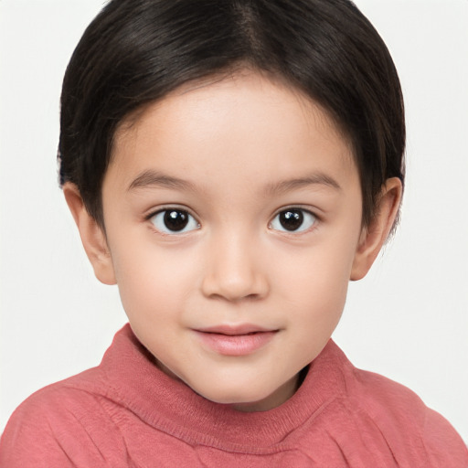 Joyful white child female with short  brown hair and brown eyes