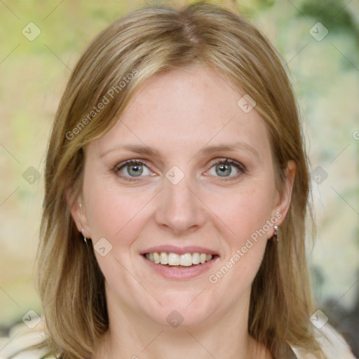 Joyful white young-adult female with medium  brown hair and blue eyes