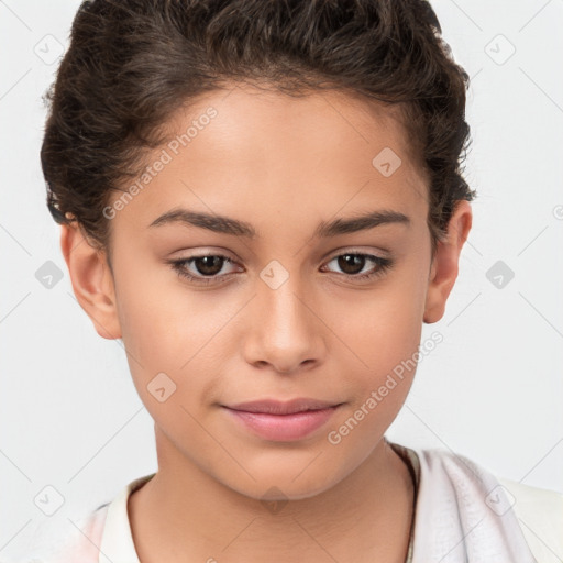 Joyful white child female with short  brown hair and brown eyes