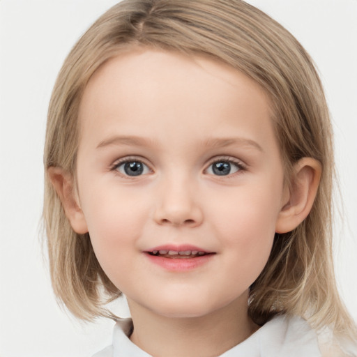 Joyful white child female with medium  brown hair and grey eyes