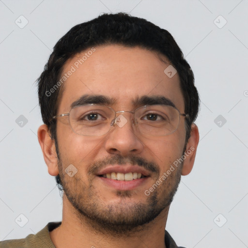 Joyful white young-adult male with short  black hair and brown eyes