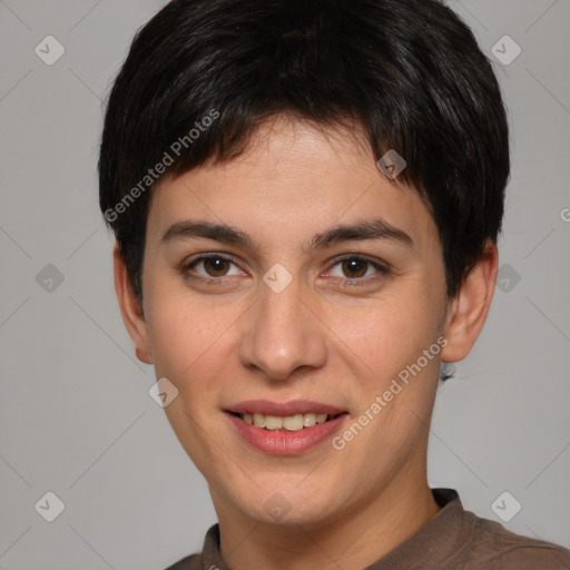 Joyful white young-adult female with short  brown hair and brown eyes