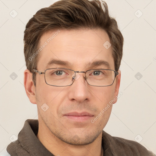 Joyful white adult male with short  brown hair and grey eyes