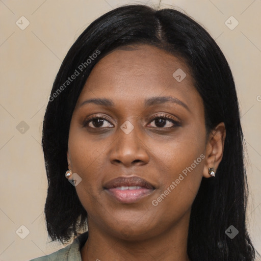 Joyful black young-adult female with medium  black hair and brown eyes