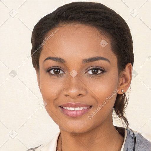 Joyful latino young-adult female with medium  brown hair and brown eyes