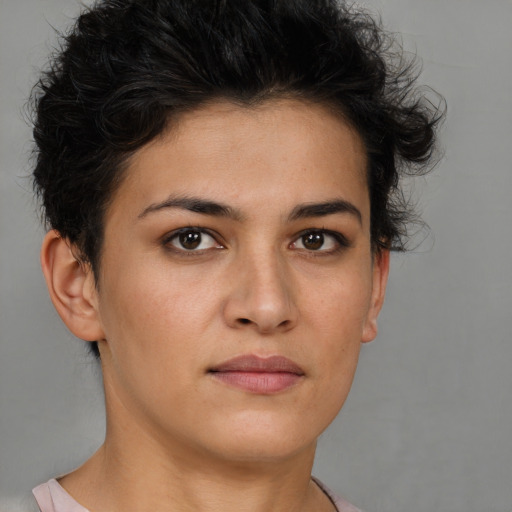 Neutral white young-adult female with short  brown hair and brown eyes