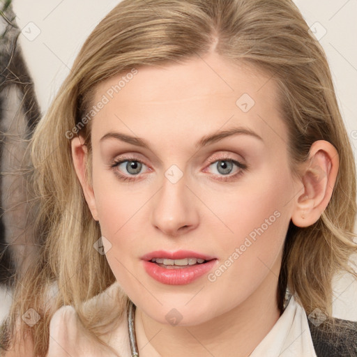 Joyful white young-adult female with medium  brown hair and blue eyes